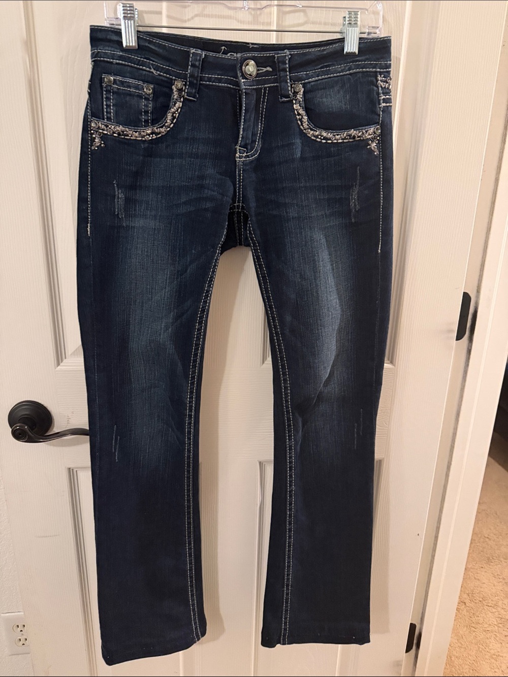 Grace in LA Dark Blue Boot Cut Jeans with Embellished Pockets